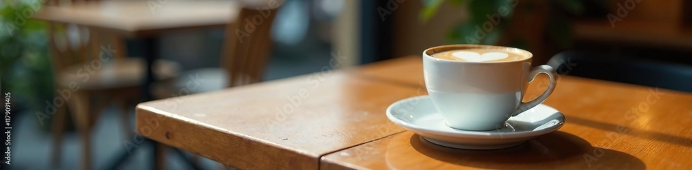 Wooden cafe table with a heart shaped cup of white mocka, coffee shop, table, cup Wooden cafe table with a heart shaped cup of white mocka, coffee shop, table, cup