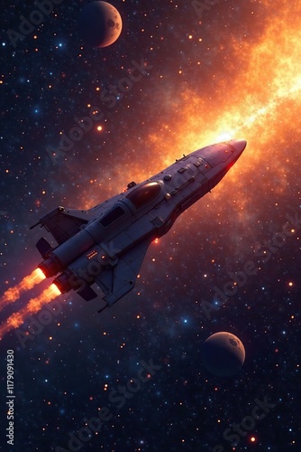 Spaceship glows orange as it soars through cosmic expanse, interstellar, galaxies, spaceship