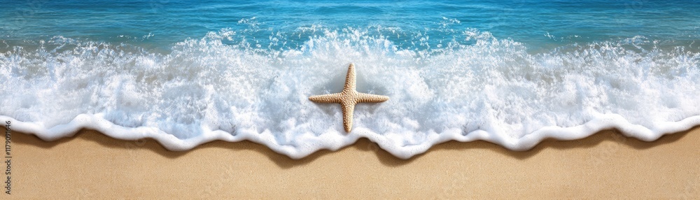 Tranquil coastal scene, starfish on the beach with gentle waves Tranquil coastal scene, starfish on the beach with gentle waves