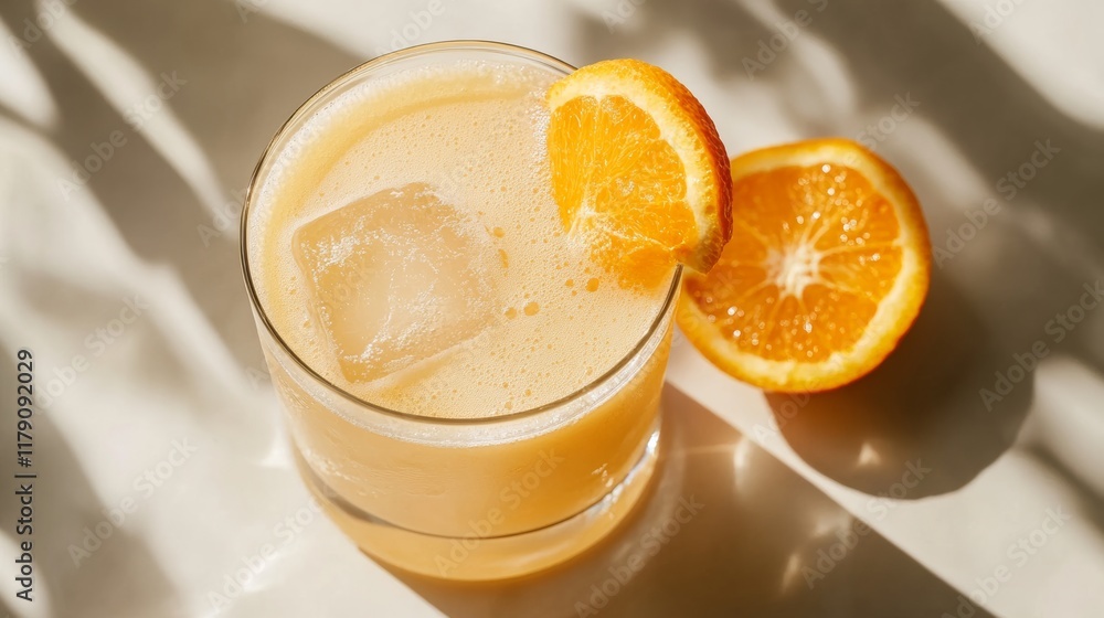 A clear glass of orange juice, placed on a white background A clear glass of orange juice, placed on a white background