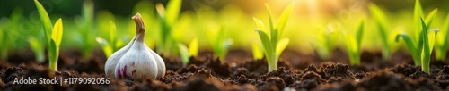 Morning light illuminating a bed of garlic sprouts in the garden, farm, cultivation, earthy photo