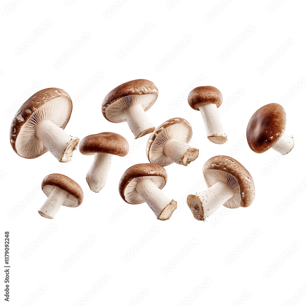 Flying Falling Mushrooms Isolated on Transparent Background, Levitating Fresh Mushrooms, Perfect for Food, Cooking, Recipe, and Restaurant Design Concepts, Generative AI