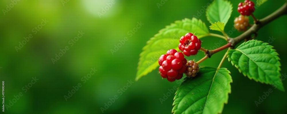 Wild raspberry foliage and berries growing on a deciduous tree branch, nature, shrubs