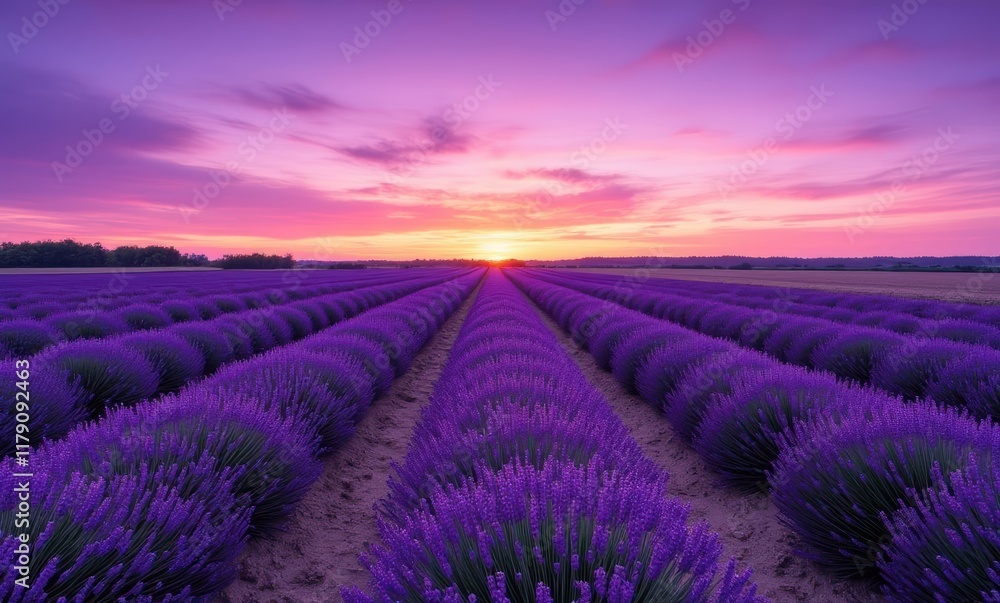 Vibrant lavender fields at sunset Vibrant lavender fields at sunset