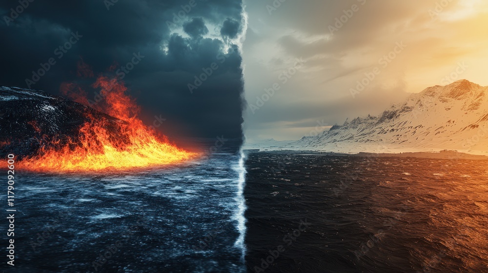 Fototapeta premium Fiery Inferno Meets Frozen Peaks: A Dramatic Contrast of Nature's Extremes