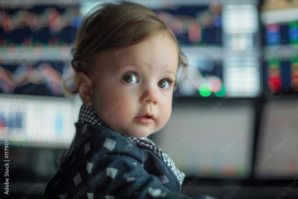 Generative AI Image of a Baby in Formal Costume with Stock Charts Background, Representing a Small Businessman or Banker Generative AI Image of a Baby in Formal Costume with Stock Charts Background, Representing a Small Businessman or Banker