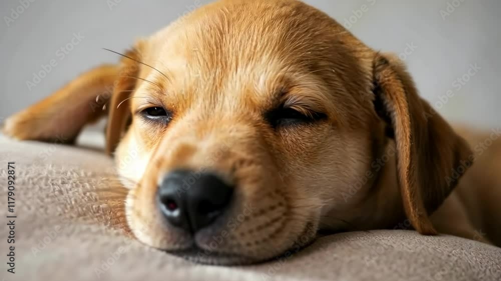 Sleepy puppy slowly drifting into cozy dreams on a soft sofa cushion Sleepy puppy slowly drifting into cozy dreams on a soft sofa cushion