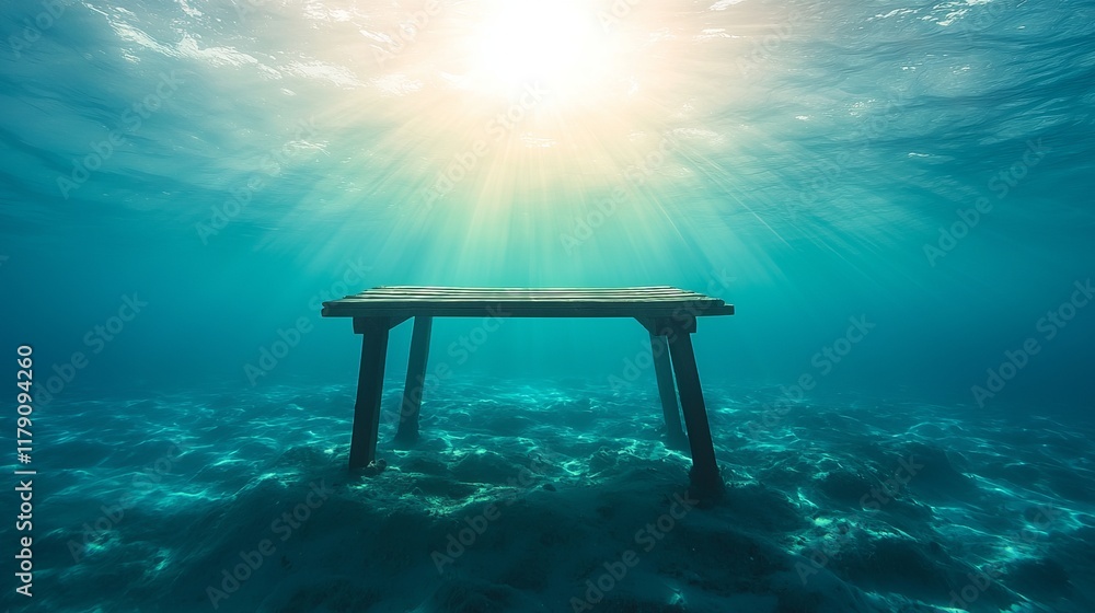 A serene underwater scene featuring a wooden table illuminated by sunlight, surrounded by tranquil blue waters. A serene underwater scene featuring a wooden table illuminated by sunlight, surrounded by tranquil blue waters.
