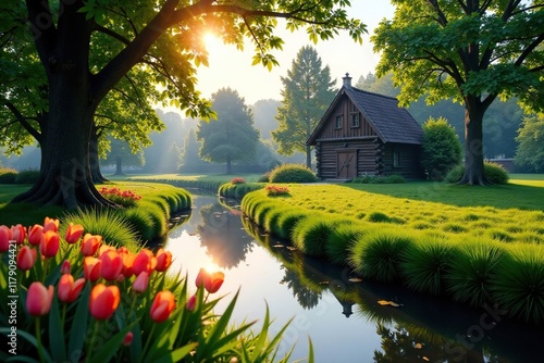 Holzbank in einer N?he zu einem alten Brunnen, blumen, Ruhe photo