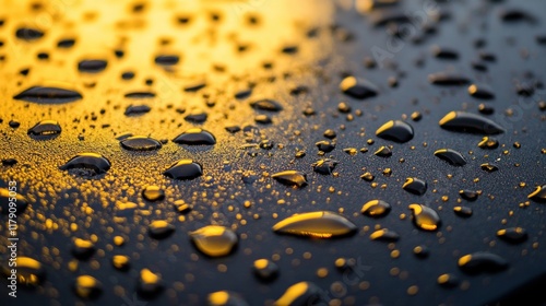 Water droplets on a dark surface illuminated by golden light. photo