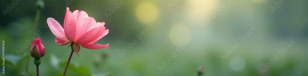 Faded elegance of a solitary bloom in misty garden, pastel, spring Faded elegance of a solitary bloom in misty garden, pastel, spring