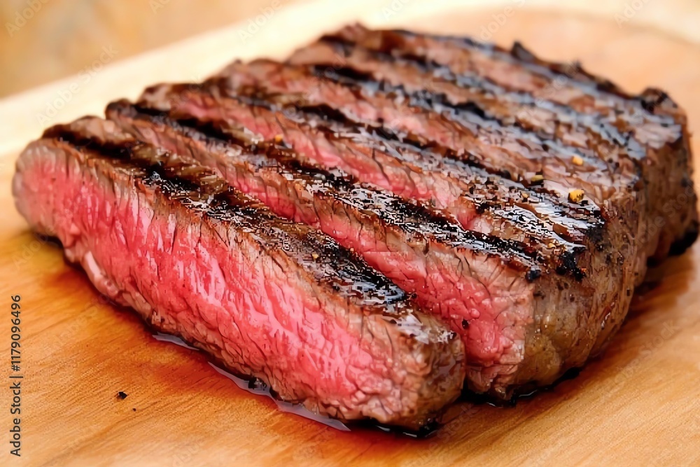 Juicy grilled steak with perfect sear marks, showcasing a tender, pink interior, resting on a wooden cutting board. Juicy grilled steak with perfect sear marks, showcasing a tender, pink interior, resting on a wooden cutting board.
