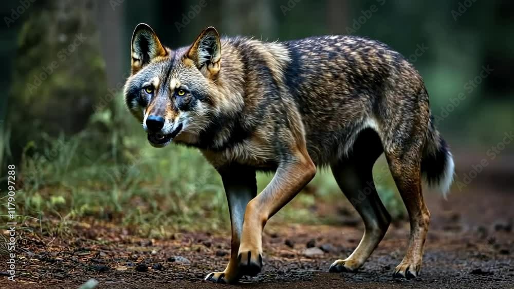 Wild gray wolf stealthily prowls through dense forest in natural habitat Wild gray wolf stealthily prowls through dense forest in natural habitat