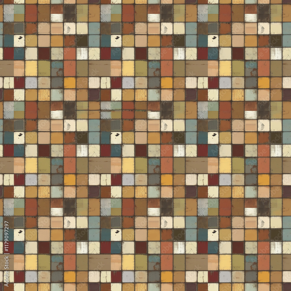 A seamless background texture featuring a grid of colorful squares in earthy tones, perfect for various design applications. A seamless background texture featuring a grid of colorful squares in earthy tones, perfect for various design applications.