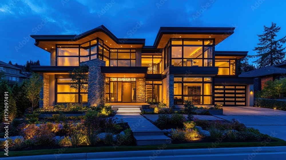 Fototapeta premium Modern luxury home at twilight, illuminated windows, landscaped gardens, stone facade, driveway.