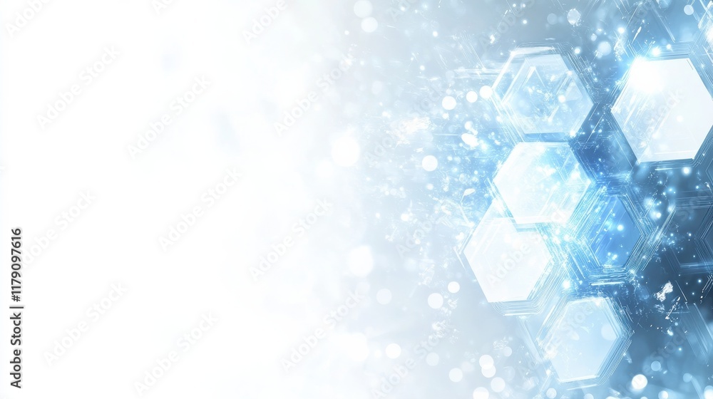 Modern 3D hexagonal technology abstract background features blue bright energy flashes under hexagons in a futuristic technology design against a white background Modern 3D hexagonal technology abstract background features blue bright energy flashes under hexagons in a futuristic technology design against a white background