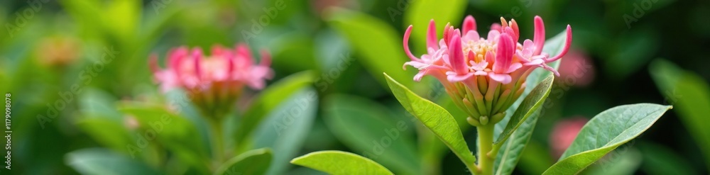 Delicate pink euphorbia milii blooms atop lush green foliage, garden, bloom Delicate pink euphorbia milii blooms atop lush green foliage, garden, bloom