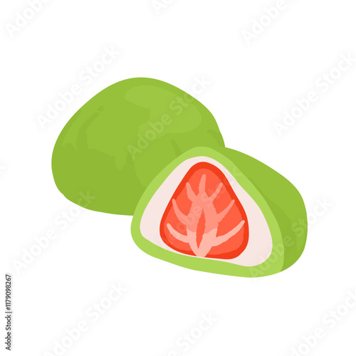 Vector set with japanese matcha desserts. Collection with mochi, matcha mille crepe cake and matcha roll cake, pancakes, macaron, soft serve ice cream, matcha tart and cupcake with strawberry.