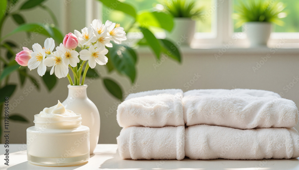 Soothing skincare routine with cream and towels, calming atmosphere Soothing skincare routine with cream and towels, calming atmosphere