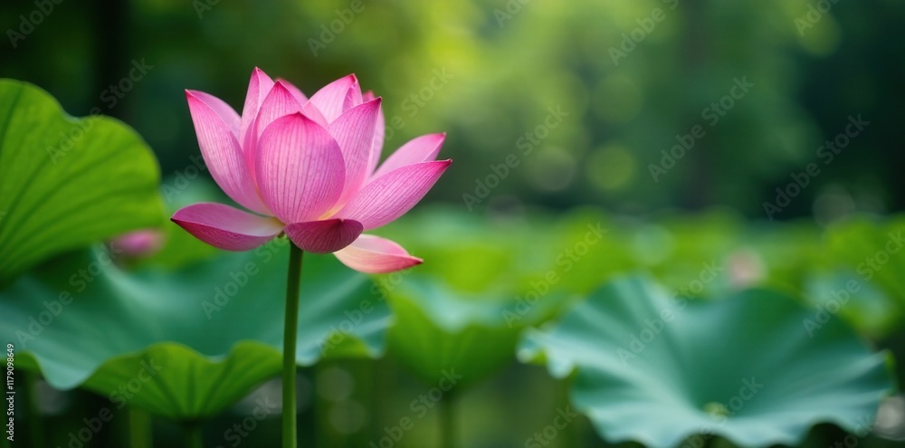 Soft pink lotus stem with leaves emerging from the pond, foliage, plant Soft pink lotus stem with leaves emerging from the pond, foliage, plant