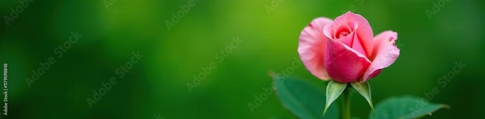 Delicate rose bud unfolding on a verdant leaf background, nature photography, botany Delicate rose bud unfolding on a verdant leaf background, nature photography, botany