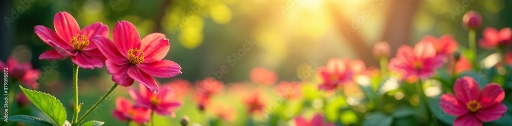 Gentle morning light illuminates the blossoms, garden, bright illumination Gentle morning light illuminates the blossoms, garden, bright illumination