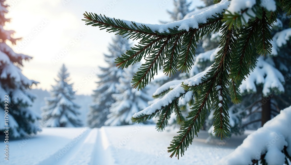 Obraz premium Snow-covered spruce tree branches stretch towards sky, bark, snow, wood
