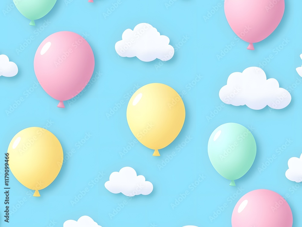Colorful balloons and clouds create a cheerful pattern on a bright blue background Colorful balloons and clouds create a cheerful pattern on a bright blue background