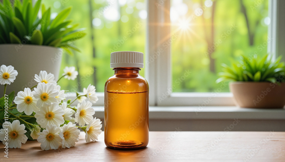 Antihistamine bottle highlighting springtime allergens by window, health Antihistamine bottle highlighting springtime allergens by window, health