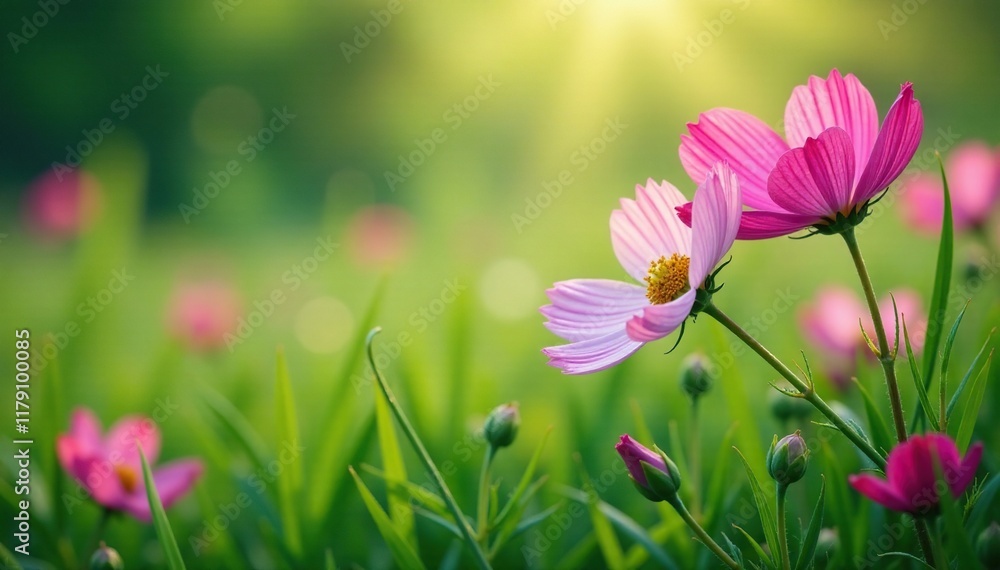 Tall grass and cosmos flowers with dew drops on the leaves, lush landscape, dew drops, floral arrangement Tall grass and cosmos flowers with dew drops on the leaves, lush landscape, dew drops, floral arrangement
