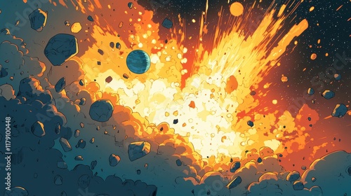 Fototapeta Naklejka Na Ścianę i Meble -  Galaxy, outer space background with planets and explosion with fire, smoke and flying stone debris. Vector cartoon fantastic illustration of blast in cosmos after catastrophe or collision