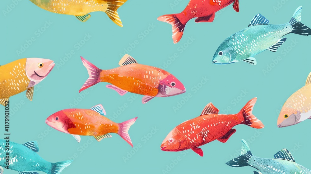 Fototapeta premium A pattern of colorful fish on a turquoise background.