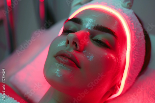 Beautiful woman getting RF facial lifting procedure in a beauty clinic, generative-AI photo