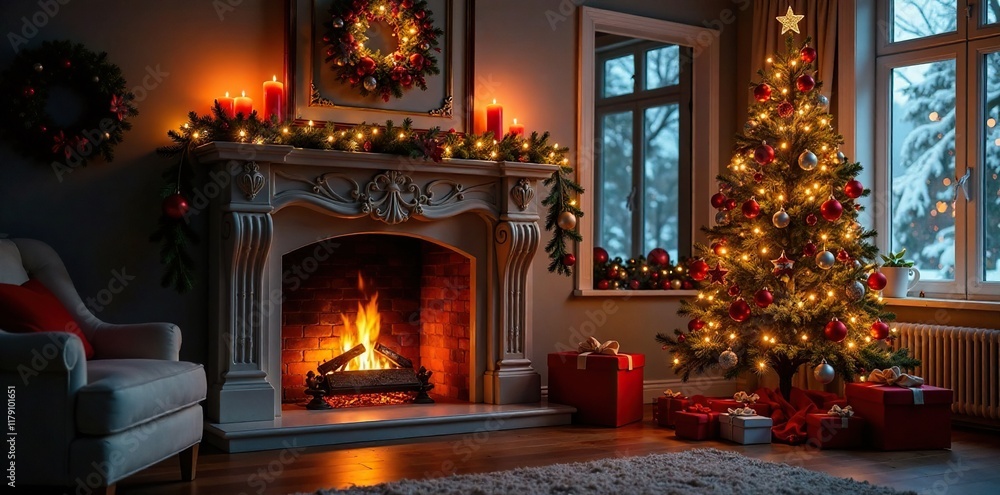 Sparkling fireplace with elegant Christmas tree, decorations, festive Sparkling fireplace with elegant Christmas tree, decorations, festive