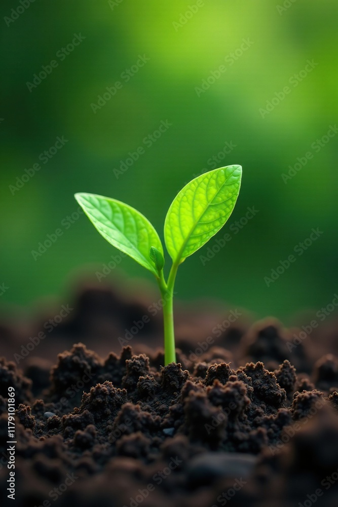 Fototapeta premium A single sprout of green tea plant emerging from the soil, growing, greenery, nature