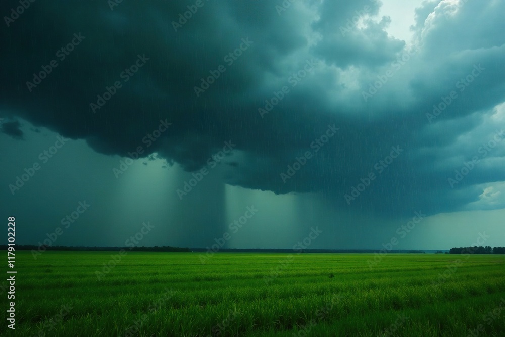Heavy rain pounds against the ground in a vast open field with dark clouds looming above, fields, landscape Heavy rain pounds against the ground in a vast open field with dark clouds looming above, fields, landscape