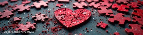 Shards of heart-shaped puzzle pieces amidst dust, lostpieces, dust, jigsaw photo