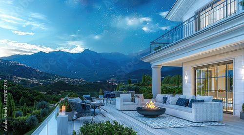 A big terrace of a new modern Home with white cladding and blue pitched roofs overlooking the extensive greenery and mountains and stars. photo