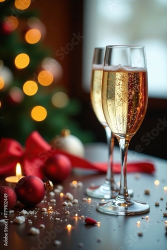 Sparkling champagne glass on festive holiday table, table, dining
