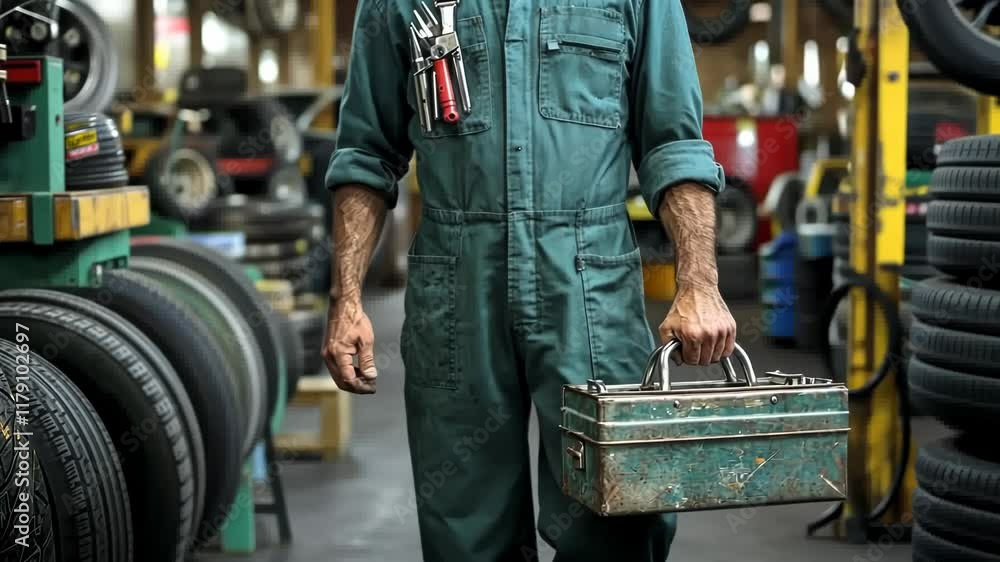 Mechanic in Green Coveralls Carrying a Rusty Tool Box in a Tire Shop Mechanic in Green Coveralls Carrying a Rusty Tool Box in a Tire Shop