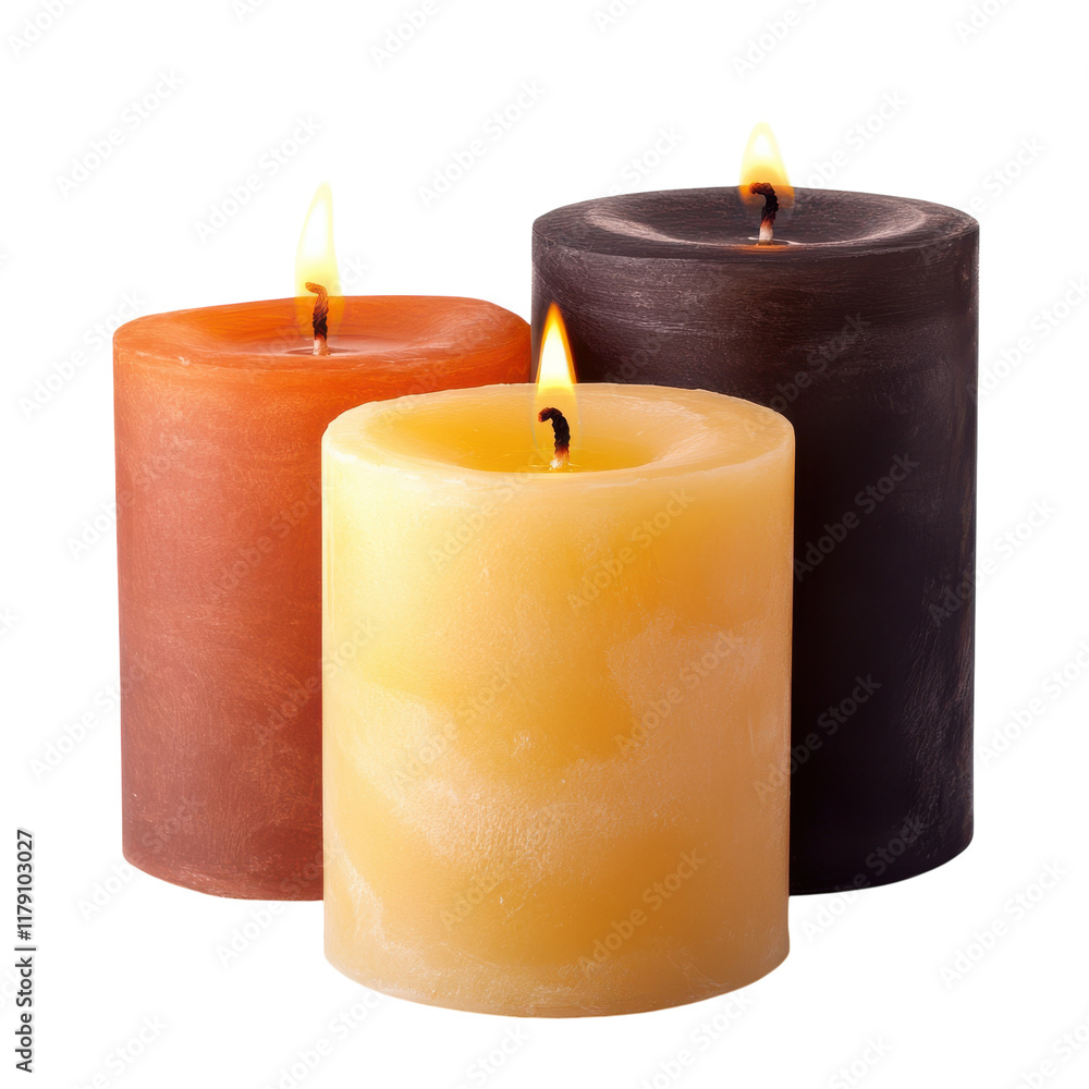 Elegant Set of Three Candles for Home Decor and Relaxation on Transparent Background Elegant Set of Three Candles for Home Decor and Relaxation on Transparent Background