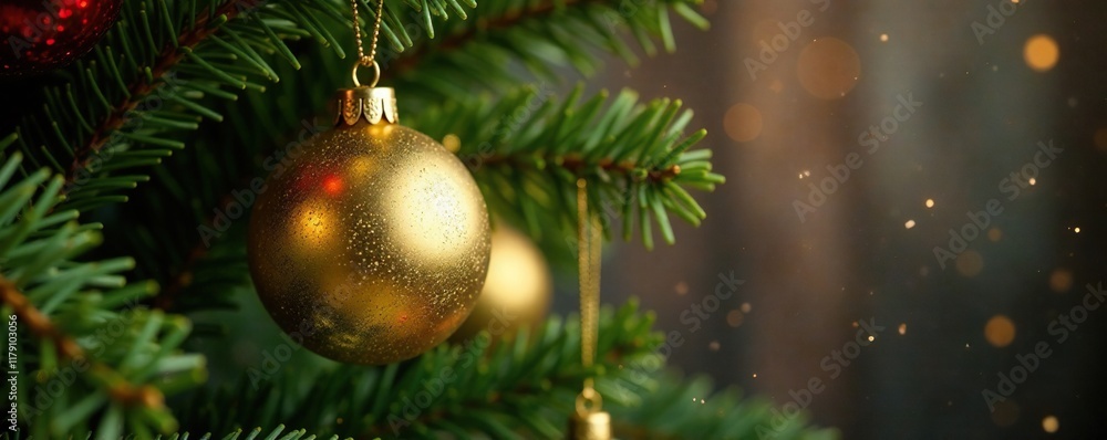 Fototapeta premium Golden ornament hanging from a branch of a Christmas tree, ornaments, branches, decorations