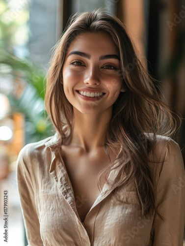 Sideways shot of beautiful woman happy to return after job interview smiles toothily glad to have holidays in foreign city solo vacations wears casual clothes poses against blurred background. #1179103243