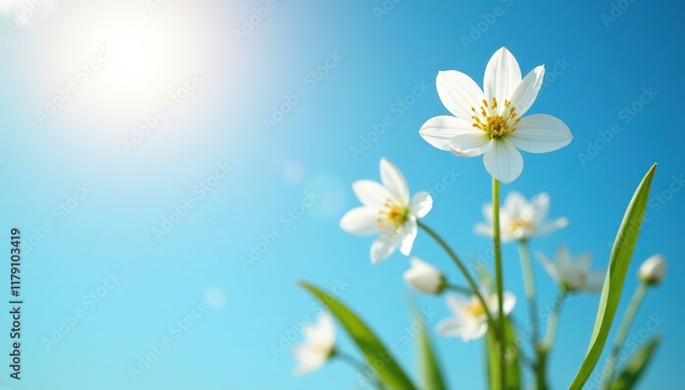Softly glowing white flowers against a bright blue sky, sprout, blue, glow Softly glowing white flowers against a bright blue sky, sprout, blue, glow