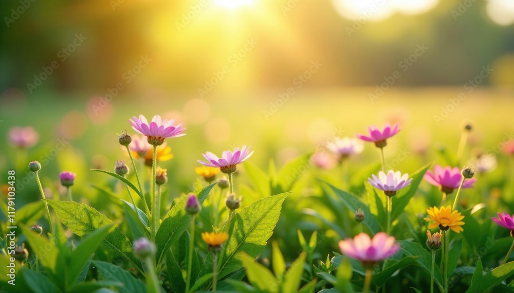 Fototapeta premium Wildflowers swaying in the gentle morning dew, morning dew, wildflower field, field