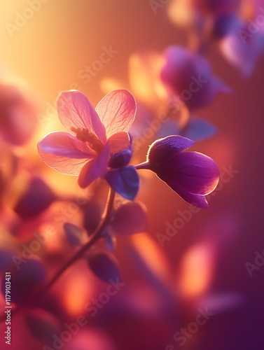 Pink and purple flowers backlit by warm sunset light.