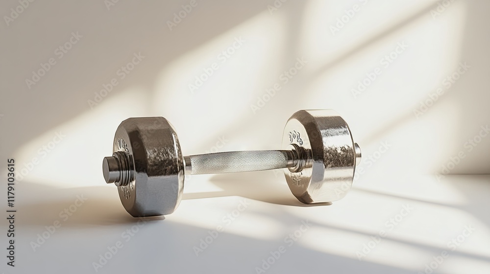 A minimalist shot of a steel dumbbell with a polished finish, isolated against a bright white background for a clean look. A minimalist shot of a steel dumbbell with a polished finish, isolated against a bright white background for a clean look.