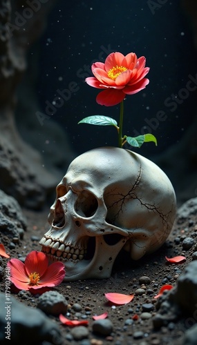 A single blooming flower falls on a skull in an underground chamber, underground, tomb, petal photo