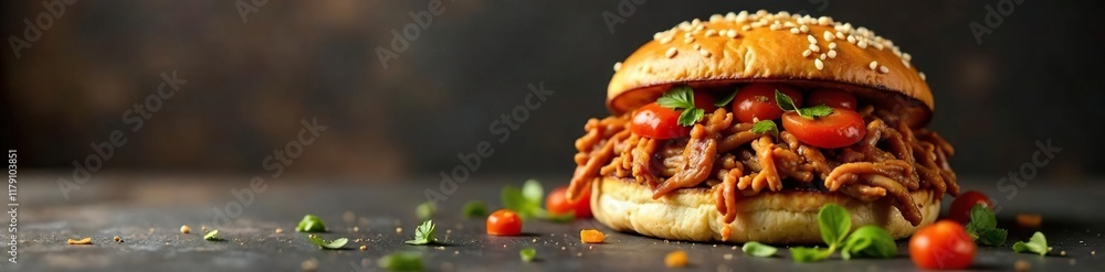pulled pork piled high on a bun with toppings, , fresh pulled pork piled high on a bun with toppings, , fresh