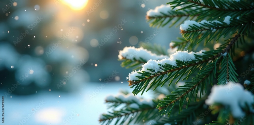 Snowflakes fall on the soft needles of evergreen trees, evergreen, serene Snowflakes fall on the soft needles of evergreen trees, evergreen, serene